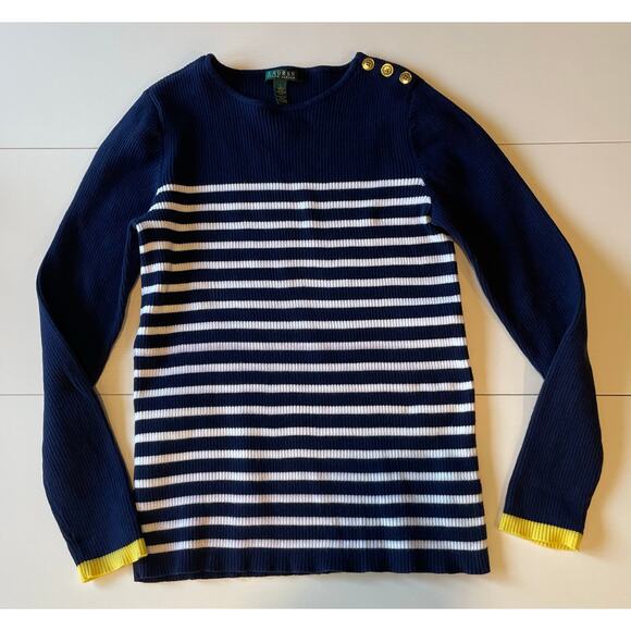Lauren Ralph Lauren Striped Ribbed Knit Sweater Sz L Navy White Buttons Preppy - Picture 6 of 9